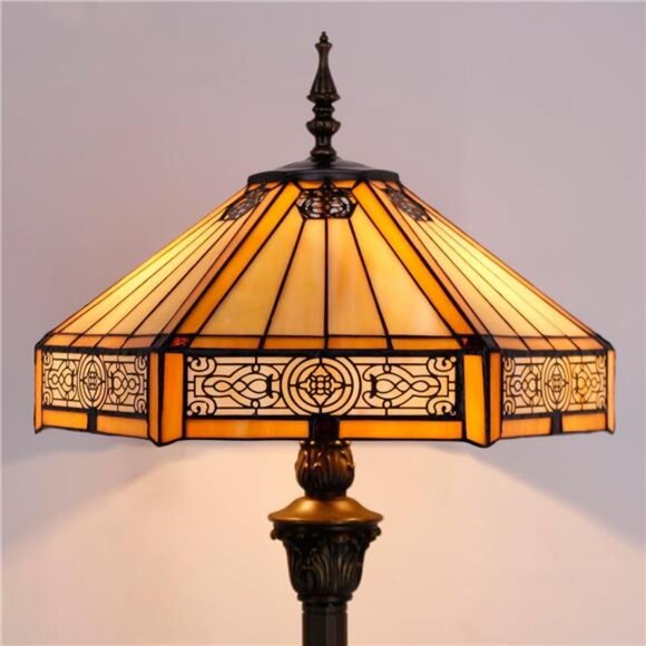 Tiffany Floor Lamp Yellow Hexagon Stained Glass Mission Standing Reading Light - Picture 5 of 7